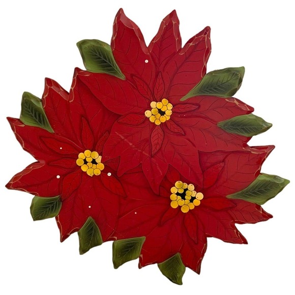 đť…şVINTAGE Poinsettia Lazy Susan Solid Wood Hand Carved Etched Painted Turntable - Picture 2 of 3
